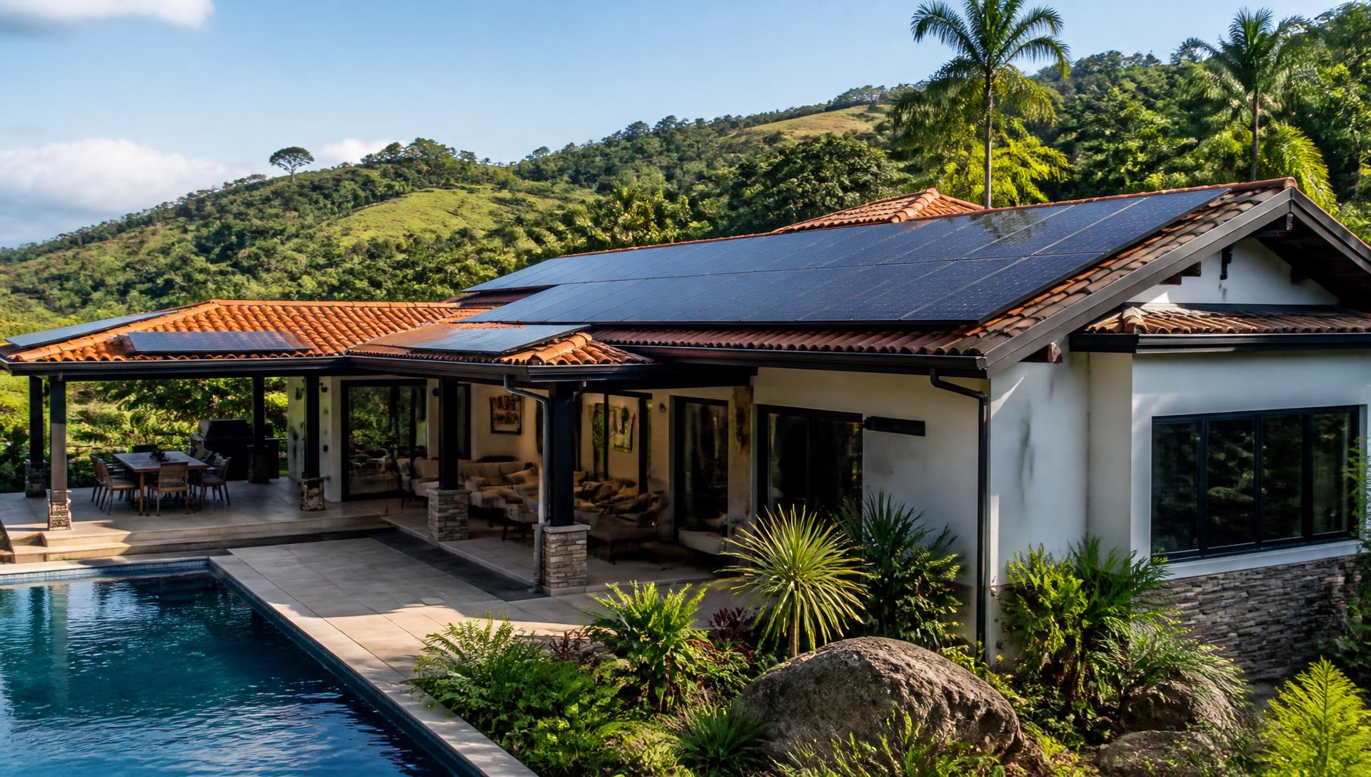Casa colombiana con paneles solares en el techo